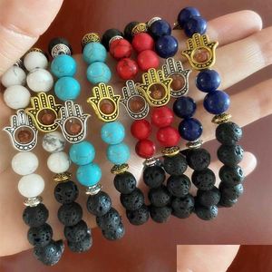 Perlé 8mm Couples Hommes Bracelet Designer Pour Femme Alliage Fatima Palm Main Lava Rock Brins Blanc Turquoise Argent Bracelets Ban Dhfmw