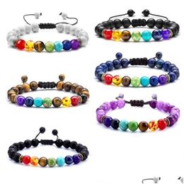 Perlé 8mm Lava Rock 7 Chakras Strand Bracelets de perles Corde tressée Pierre naturelle Perles de yoga Bracelet Bracelet Pierres d'énergie Bijoux Dro Dhwme