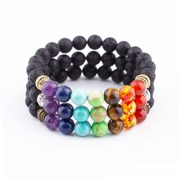 Kralen 8Mm Lavasteen Zeven Chakra Streng Armband Diy Aromatherapie Essentiële Olie Diffuser Armbanden Voor Vrouwen Mannen Yoga Boeddha Energ Dhzl8