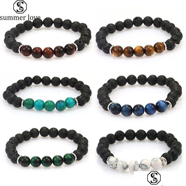 Cuentas 8Mm Lava Tiger Eye Stone Beads Charm Bracelet Para Mujeres Hombres Moda Natural Phoenix Gratis Abjustable Elastic Energy Drop Del Dhtd9