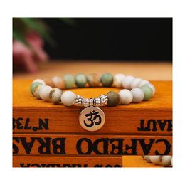 Con cuentas de 8 mm mate Amazonita Piedra Strand Pulsera Yoga Chakra Mala Om Lotus Mujeres Hombres Pulseras con dijes Joyería hecha a mano Entrega de gota Dhraz