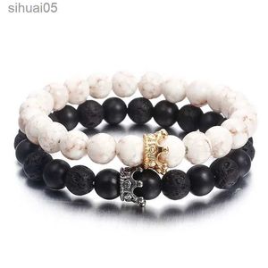 Kralen 8mm Natuurlijke Lava Steen Armbanden Voor Vrouwen Mannen Nieuwe Vulkanische Steen Zwart Wit Agaat Kroon Kralen Bangle sieraden Kerstcadeau YQ240226