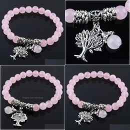 Cuentas de 8 mm de cuarzo rosa natural Strand Stone Bracelet Pink Crystal Beads Stretch Bangle Metal Tree Of Life Charms Jewelry K3219 Drop Dhldq
