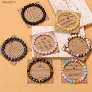 Pulseras de cuentas de piedra natural de 8 mm con cuentas para amante, papá, madre, pulsera, regalos para hijo, hija, pulsera de gemas con tarjeta, regalos de joyería YQ240226