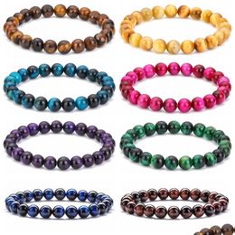 Kralen 8Mm Tijgeroog Steen Armbanden Voor Mannen Vrouwen Strand Verstelbaar Gevlochten Touw Edelsteen Stretch Armband Helende Energie P Dhgarden Dhdtu