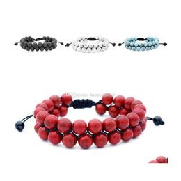 Bracelet de yoga perlé de 8 mm en pierre volcanique synthétique turquoise tissée corde double perlée bijoux de couple livraison directe bracelets Dhafe