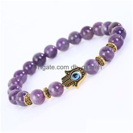 Bracelet en pierre d'améthyste perlée pour femmes, brin de bouddha, main, œil bleu, bijoux à la mode, livraison directe, Dhcts