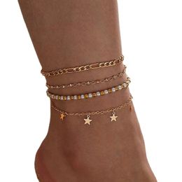 Kralen enkelbanden voor vrouwen charms ster goud kleurlegering metaal voeten ketting zomerse sieraden accessoires 4pcssets 240408