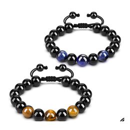 Perlé Arrivée Oeil De Tigre Perlé Strand Bracelet Pour Hommes Femmes Taille Réglable 10 Mm Pierre De Lave Perles Noires Bracelets Tressés Bijoux Dhsr5