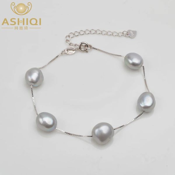 Perlé ASHIQI véritable 925 Bracelet en argent Sterling 8-9mm blanc gris naturel d'eau douce baroque perle bijoux pour femmes 231208