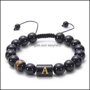 Kralen az Engelse letter 10 mm natuursteen tijger oog zwarte agaat kralen armband initi￫le geweven verstelbare armbanden bangle manchet vrouwen dhnft