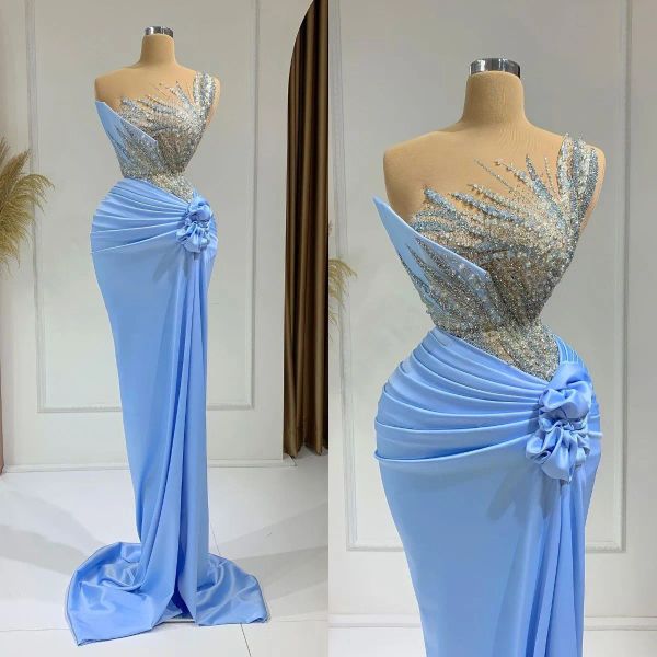 Perlée bébé bleu robes de bal sirène formelle longue robe de soirée avec fente fleurs à la main Speacial Ocn fête femmes robe de Fiesta