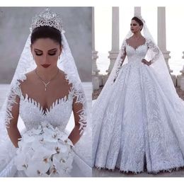 Kralen bal luxueuze jurk Arabische lange mouwen trouwjurken met lange mouwen kanten tule 3D Appliques pailletten gemonteerde bruidsjurken plus size bes121 s s s s s s s s s