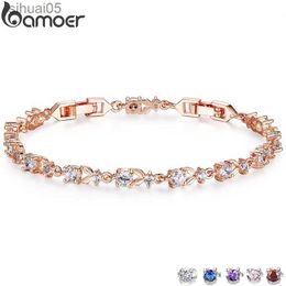 Perlé BAMOER luxe couleur or Rose chaîne lien Bracelet pour femmes dames brillant AAA cubique Zircon cristal bijoux JIB013 YQ240226