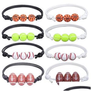 Basket de basket-ball perlé Rugby Baseball Pendants Bracelets de charme de tennis pour hommes Femmes faites à la main en cuir réglable Ball Sports Dh48l