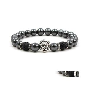 Kralen Kralen Zwarte Hematiet Strengen Steen Lava Rock Armbanden Legering Vergulde Sier Skl Leeuw Uil Voor Vrouwen Mannen Armband armbanden Jewe Dhrb4