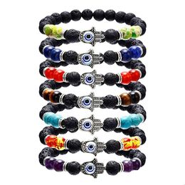 Perles Perles Hamsa Main De Fatim Charme Perles De Pierre De Lave Bracelets Pour Femmes Hommes Mauvais Oeil Bleu Diffuseur D'huile Essentielle 7 Chakr Dhgarden Dhtg4