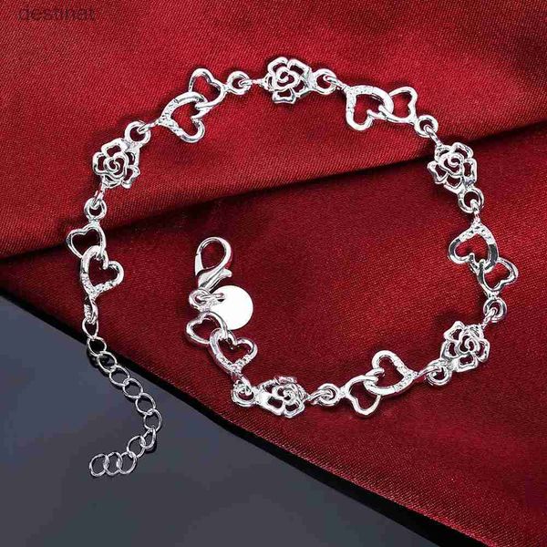 Hermosa pulsera de plata de ley 925 con cuentas para mujer pulsera CORAZÓN encantadora cadena de FLOR moda Fiesta de bodas linda dama bonita joyería L24213