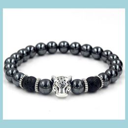 Perlé Noir Hématite Perlé Brins Pierre Lava Rock Bracelets Alliage Plaqué Or Sier Skl Lion Owl Pour Femmes Hommes Bracelet Drop Deliv Dhrmz