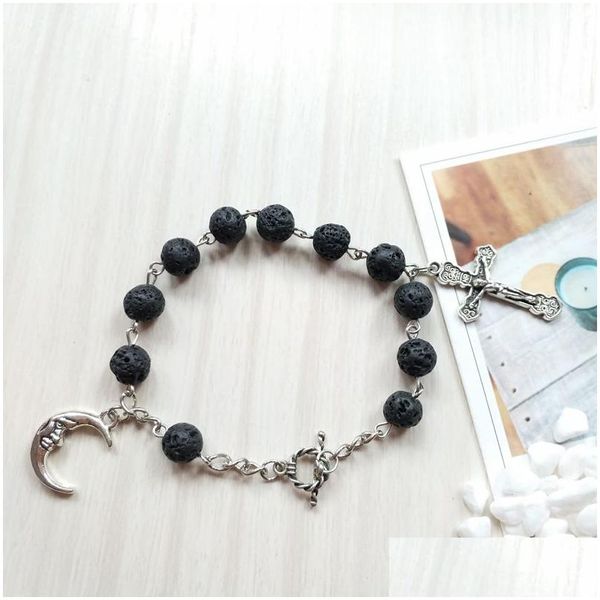 Bracelet chapelet perles de roche volcanique noire perlée croix bijoux religieux livraison directe bracelets Dhgvt