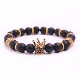 Perlé noir zircone or roi couronne bracelet à breloques hommes Dl polonais mat pierre perle bracelets pour femme cadeau livraison directe 202 Rx