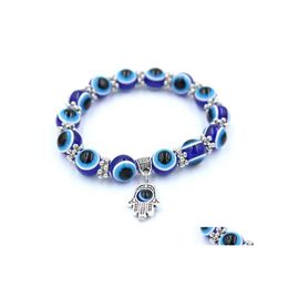 Perles bleues mauvais œil Hamsa main Fatima perles de palmier bracelets pour femme chaîne bijoux Vintage femme élastique livraison directe Dhnbl