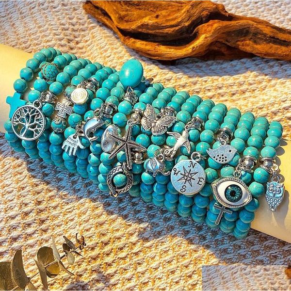 Con cuentas Tortugas bohemias Mariposa Estrella de mar Cuentas Pulsera Turquesa Natutal Piedra Elástica Estiramiento Mujeres Hombres Amistad Verano Playa J DHSOB