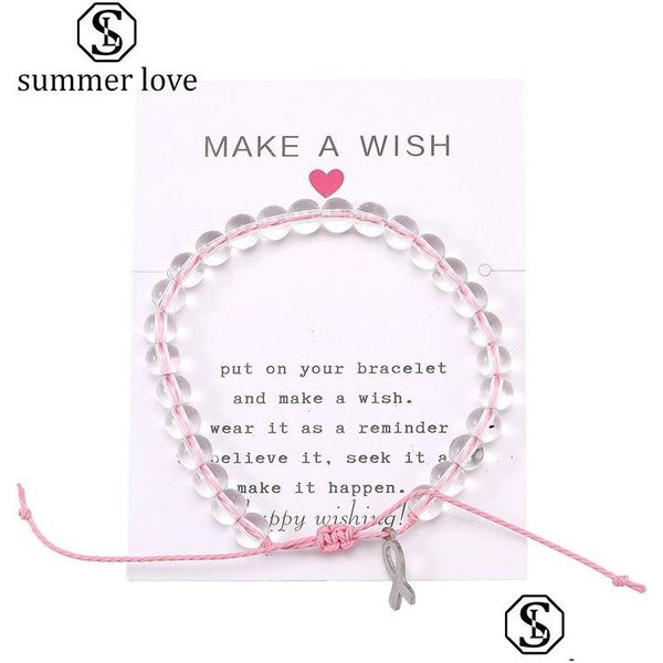 Cuentas de cáncer de mama Concienciación Clear Ocean Glass Beads Charm Bracelet con Make A Wish Card para mujeres Ajustable hecho a mano Wo Dhu9B