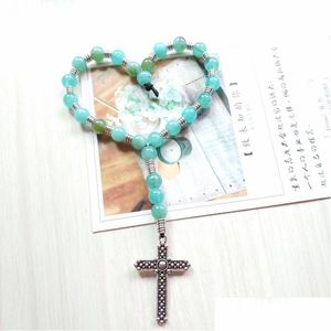 Pendentif de voiture perlée perles acryliques bleues brin croix bracelet bijoux religieux livraison directe bracelets Dhj7X