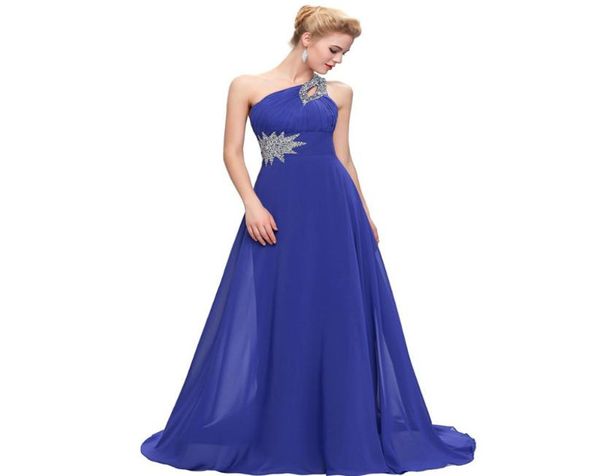 Vestidos de dama de honor de un hombro de gasa con cuentas 2019 Vestidos de fiesta largos en azul real y rosa Vestido formal largo hasta el suelo Rápido 6293996