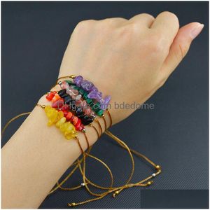 Beaded Colorf Chip Stone Bracelet Strand Crystal Healing Piedras preciosas Pulseras Irregar Chips Trenza Cuentas ajustables Reiki Semi-Precious D Dhbhx