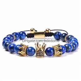 Cuentas de cobre con microincrustaciones de circón, pulseras de corona de diamantes, piedra natural, lapislázi, cuentas, pulsera, pulsera trenzada, mujeres, hombres, F Dhmd2