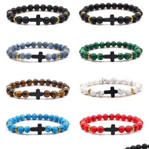 Beaded Cross Charms 8Mm Colors Stone Strand Bead Yoga Buddha Pulsera Para Mujeres Hombres Joyería Drop Delivery Pulseras Dhp2K