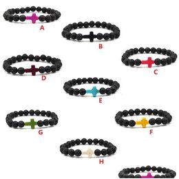 Beaded Cross Charms Black Lava Stone Armband Aromatherapie Essentiële Olie Diffuser Voor Mannen Vrouwen Stretch Yoga Sieraden Drop Delivery Br Dh8Vb