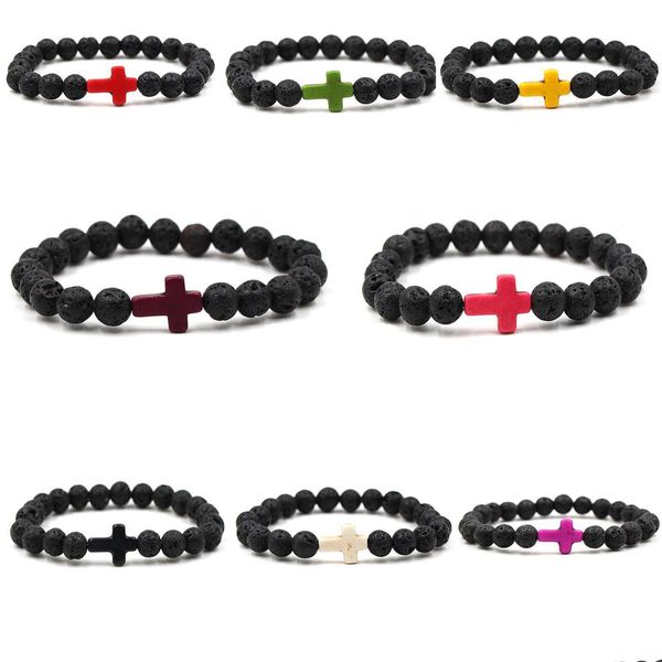 Perlé Croix Huile Essentielle Par Diffuseur 8Mm Perles De Pierre De Lave Noire Bracelet Tigers Eye Stretch Yoga Bijoux Drop Delivery Bracelets Dhgdm