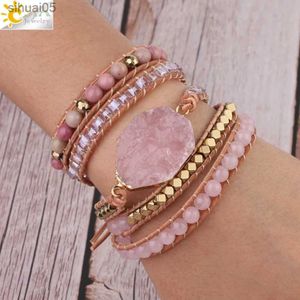 CSJA Natuursteen Armband Roze Kwarts Lederen Wikkelarmbanden voor Dames Rose Edelstenen Kristal Kralen Bohemen Sieraden 5 Strands S308 YQ240226