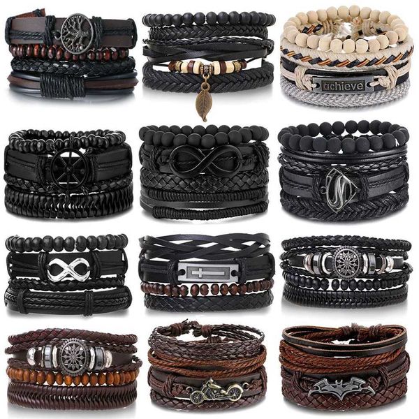 Per perle daxi 3 / 4pcs ensemble bracelet en cuir symbole illimité pour hommes vintage life arbre guitare berge en bois mode