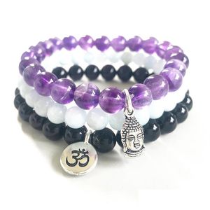 Bracelet en aigue-marine naturelle de conception perlée de qualité supérieure, tourmaline noire Om, tendance, améthyste, charme de Bouddha, livraison directe Dhgarden Dhjbf