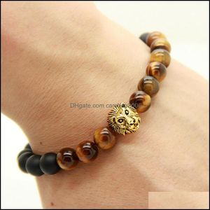 Kralen ontwerp heren armbanden groothandel 8 mm natuurlijk tijger eye en matte agaat steen kralen goud leeuw hoofd feest cadeau drop levering jood dhjjt