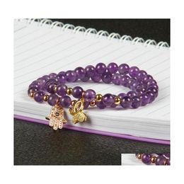 Beaded Design En gros 10pcs / lot 6mm perles de pierre de cristal violet naturel avec main de Fatima bracelets Hamsa fine fille femmes charmes juif Dhvhp