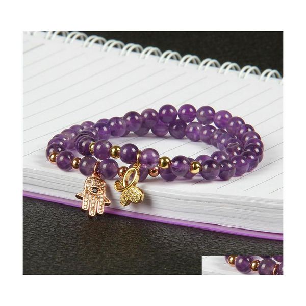 Beaded Design En gros 10pcs / lot 6mm perles de pierre de cristal violet naturel avec main de Fatima bracelets Hamsa fine fille femmes charmes juif Dhvhp