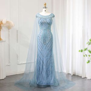 Vestidos de Noche azules con cuentas de sirena de Dubái, vestidos de noche con mangas tipo capa, vestido de fiesta de boda de talla grande para mujer Ss195 2024