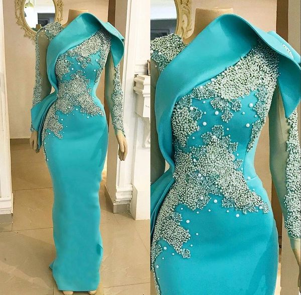 Perlée élégante bleu ciel sirène robes de soirée tenues de soirée 2020 formelle à manches longues robes de soirée de bal Abendkleider robes de soirée229n