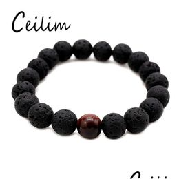 Beaded Est Design Hoge kwaliteit Black Lava Stone Sieraden Rock Beads Charms Stretch Energy Yoga Gift Romantisch paar minnaar armbanden D Dhz0S