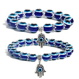Bracelet perlé mauvais œil perlé main de Fatima turc chanceux yeux bleus bracelets de perles extensibles 8 mm / 10 mm bijoux en perles goutte Deliv Dhvuz