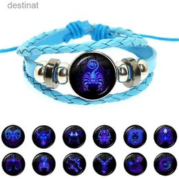 Bracelet perlé à la mode 12 Constellations, personnalité, corde bleue, tissage de cuir, bouton, cabochon en verre, accessoires, cadeau L24213