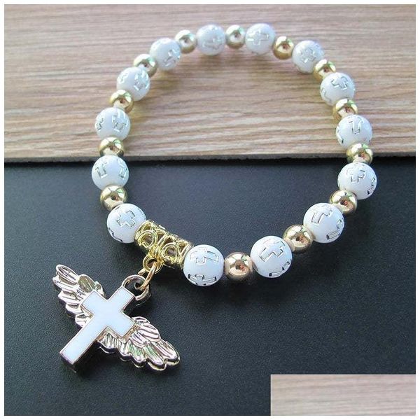 Moda de cuentas de 18k Gold Acrylic Rosario Virgen María Religiosa Jesús Cross Cross Posting Mujeres Pulseras Drop de entrega Joyería Dhhs9