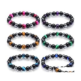 Mode perlée 8mm Bracelet de brin de pierre noire Colorf Tigres naturels Élasticité des yeux pour femmes hommes bijoux livraison directe bracelets Dhdnb