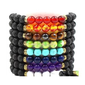 Kralen mode natuurlijke zwarte lava steen 7 chakra armband etherische olie diffuser vulkanische rots rots armbanden drop levering sieraden dhwvj