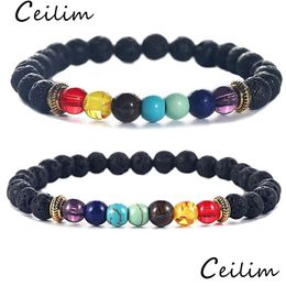 Mode Perlé Naturel Noir Pierre De Lave Perles Bracelet 6Mm Diffuseur D'huile Essentielle Volcanique 7 Chakras Yaga Perle Pour Hommes Femmes Drop De Dhq1A